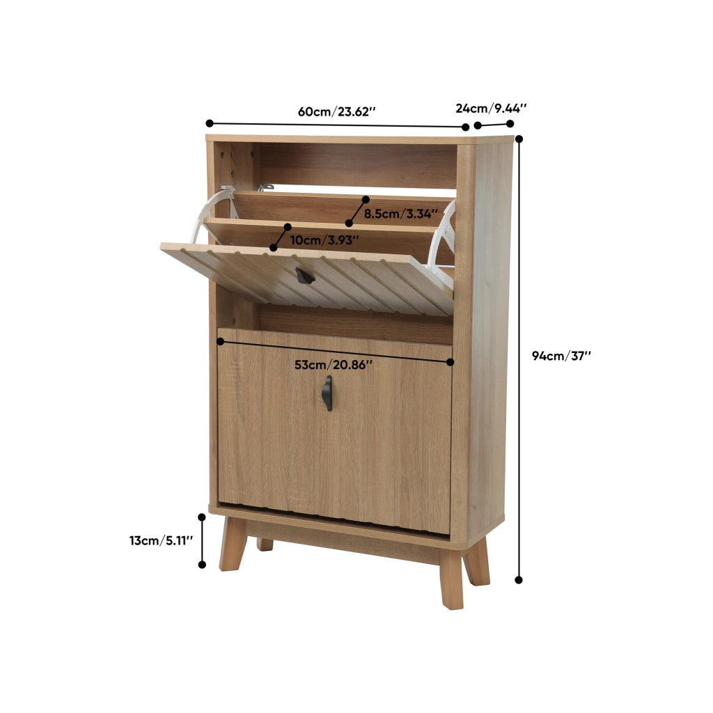 Scarpiera con 2 ante, ripiani regolabili e vano chiuso, stile nordico, per ingresso, in MDF e truciolare, rovere