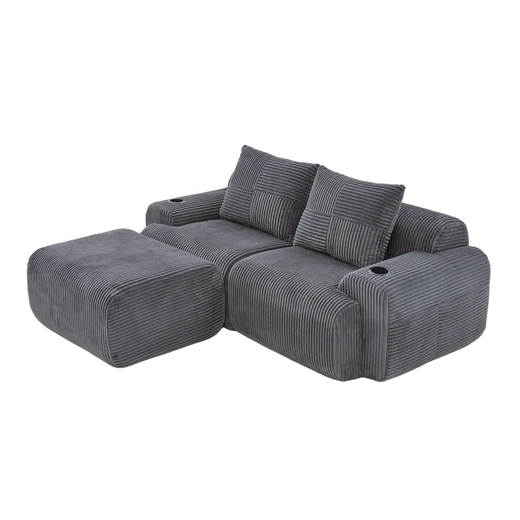 Divano Modulare 2 Posti con Portabicchieri e Tasca Laterale in Velluto a Coste Grigio Scuro 200 × 174 × 80 cm