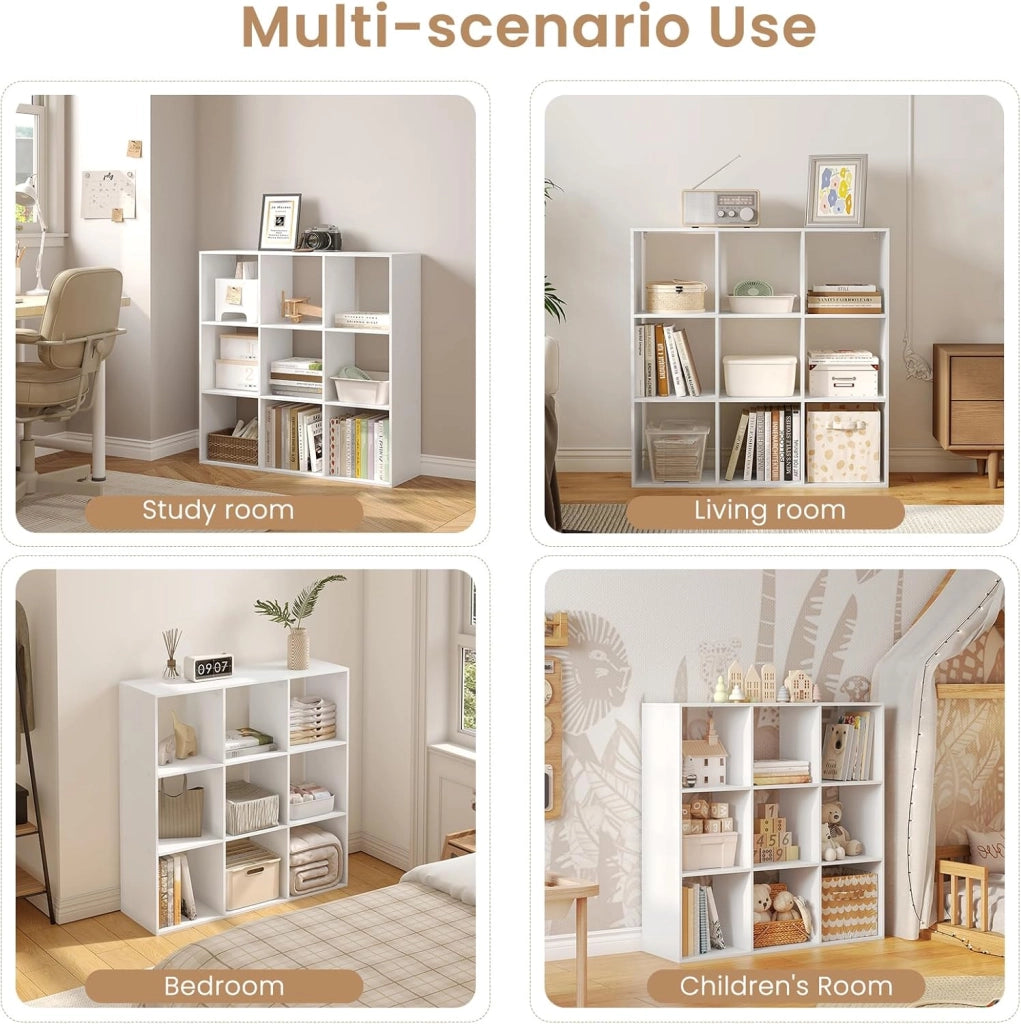 Libreria a 9 Cubi, Scaffale di Stoccaggio a 9 Cubi, Divisorio per Libreria, Mobile di Stoccaggio per Soggiorno e Ufficio, Bianco, 94x29,5x93 cm, SK047ws