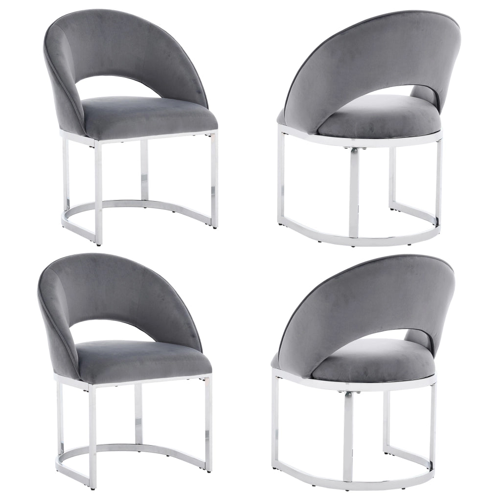 Set di 4 sedie da pranzo 59x56x80 cm in velluto; schienale curvo; gambe in metallo; grigio e argento