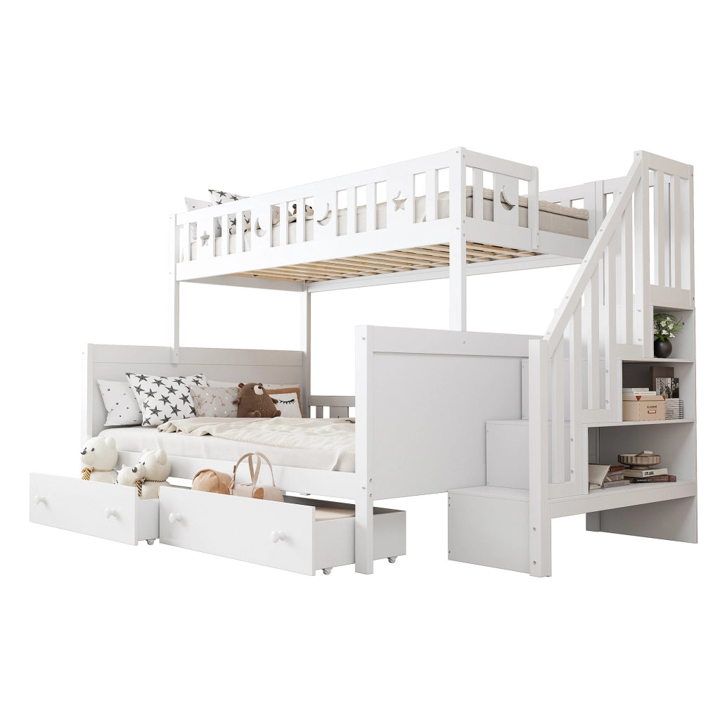 Letto a castello per bambini 90x200 cm e 140x200 cm con scala contenitore; cassetti; bianco