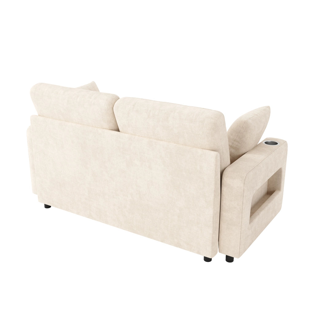 Divano letto a 2 posti estraibile in ciniglia beige con LED porte USB e Type-C vani portabicchieri e 2 cuscini