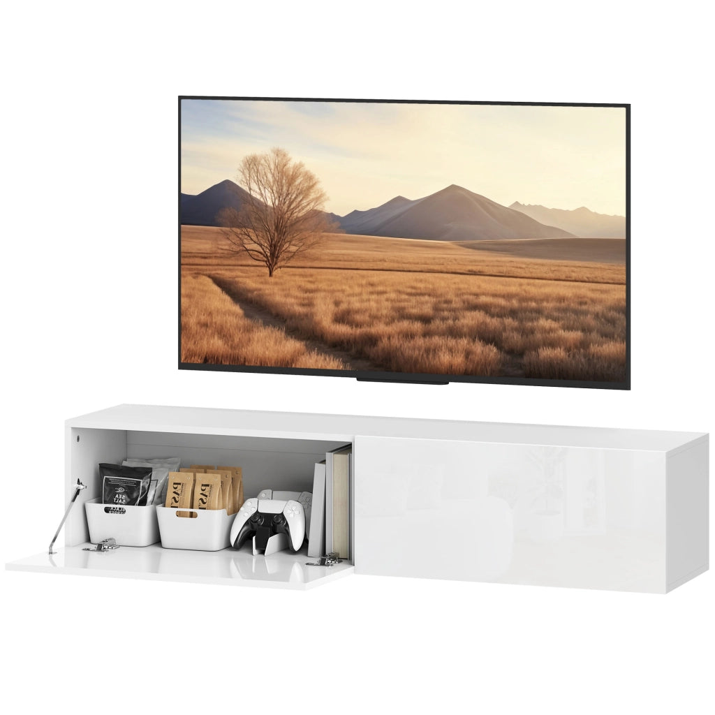 Mobile TV Sospeso con Ante a Ribalta e 2 Armadietti ¨C Zephmum ¨C Bianco 140x33x29.8 cm