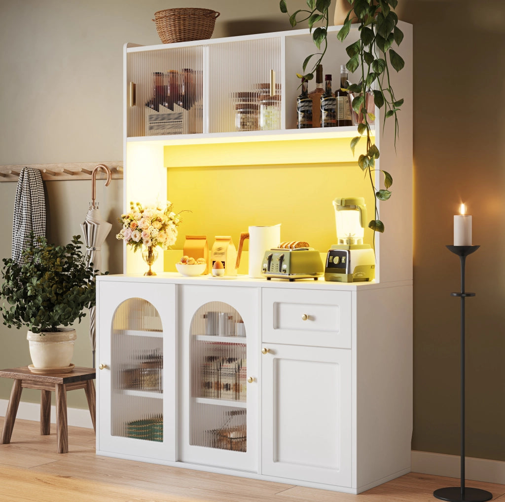 Credenza alta 120x35x167 cm in MDF e truciolare bianca con LED