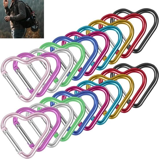 20 pezzi di carabiner a forma di cuore in alluminio con viti per arrampicata e pesca