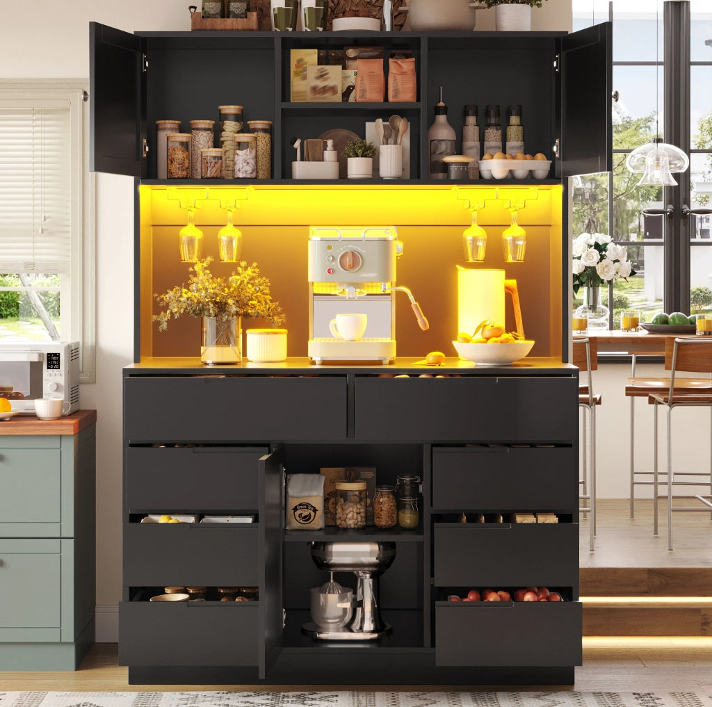 Armadio cucina 120x40x183.5 cm con illuminazione LED; 8 cassetti; MDF; nero