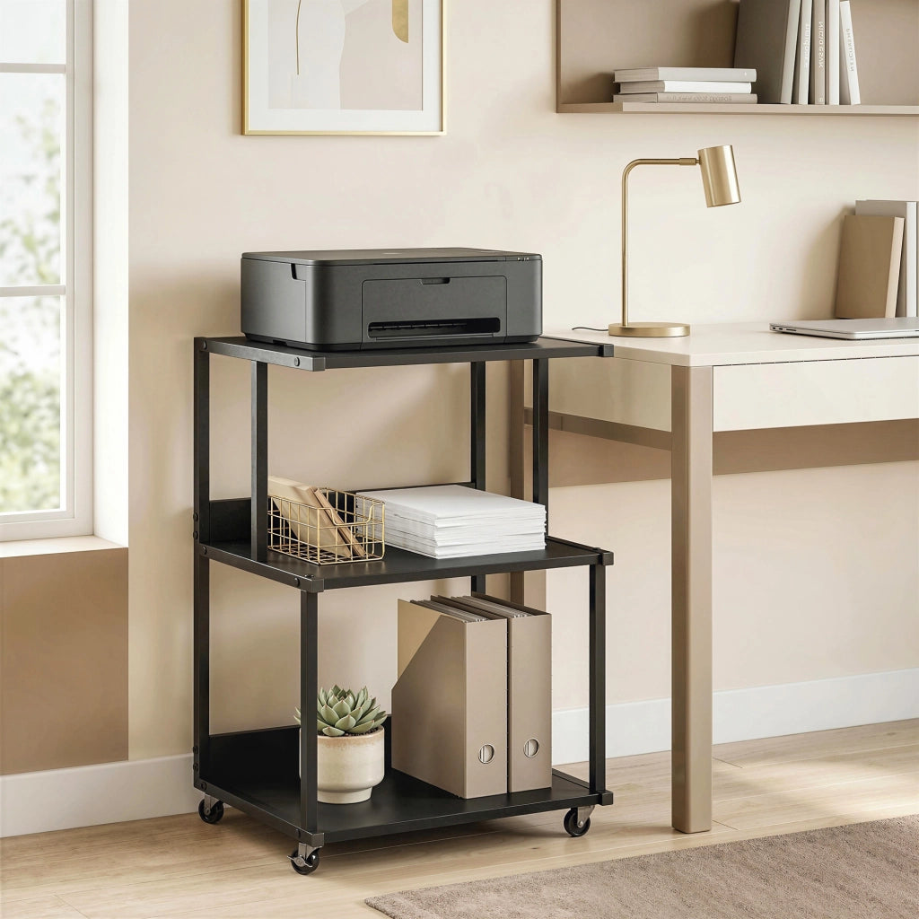 Tavolino industriale con ruote ¨C zephmum ¨C nero, metallo, 3 livelli