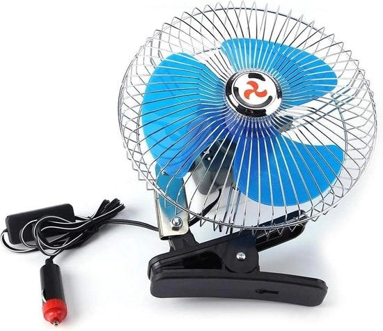 Ventilatore portatile 12V con clip-on, 25W, progettato per oscillare a 180 gradi, adatto per auto, camion e dashboard.