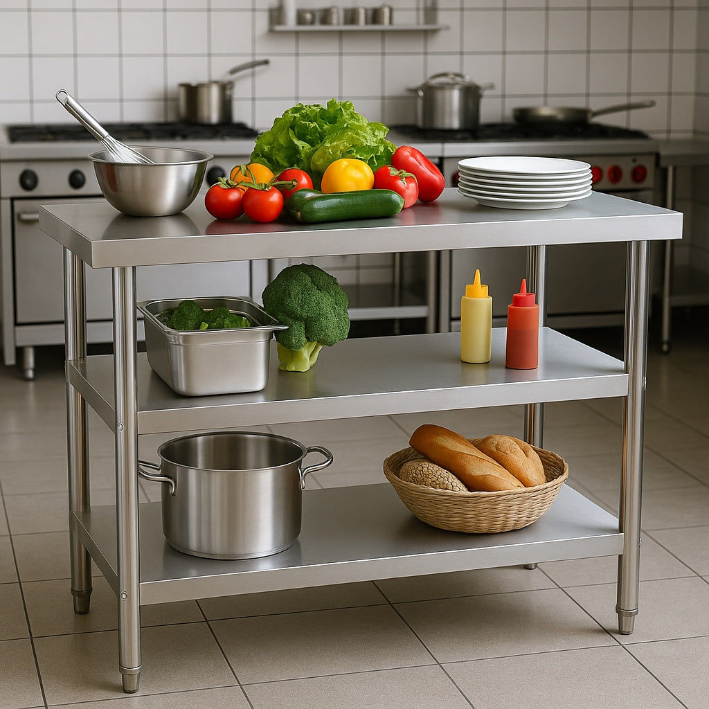 Tavolo da lavoro in acciaio inox 120 x 60 x 85 cm con 2 ripiani inferiori e piedi regolabili