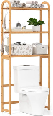 Scaffale Bagno Salvaspazio 71,5 x 25 x 166 cm, Mobile Sopra Lavatrice in Bambù a 3 Livelli con Ripiani a 5 Posizioni, 3 Ganci e Barra Inferiore, Porta Piante da Interno e Esterno