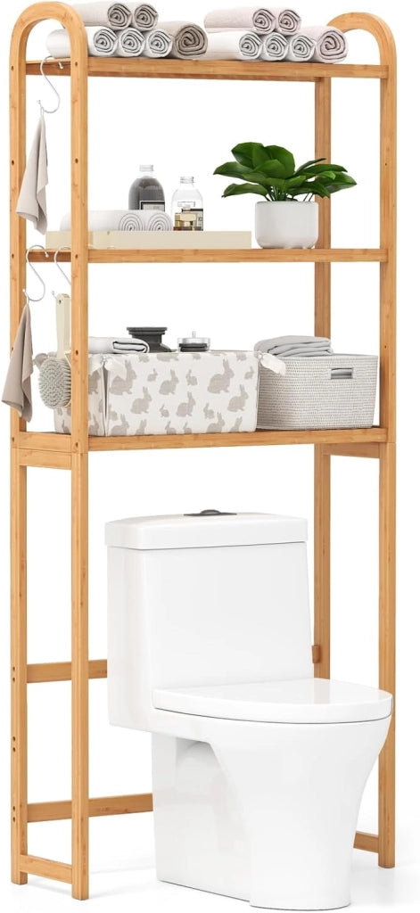 Scaffale Bagno Salvaspazio 71,5 x 25 x 166 cm, Mobile Sopra Lavatrice in Bambù a 3 Livelli con Ripiani a 5 Posizioni, 3 Ganci e Barra Inferiore, Porta Piante da Interno e Esterno