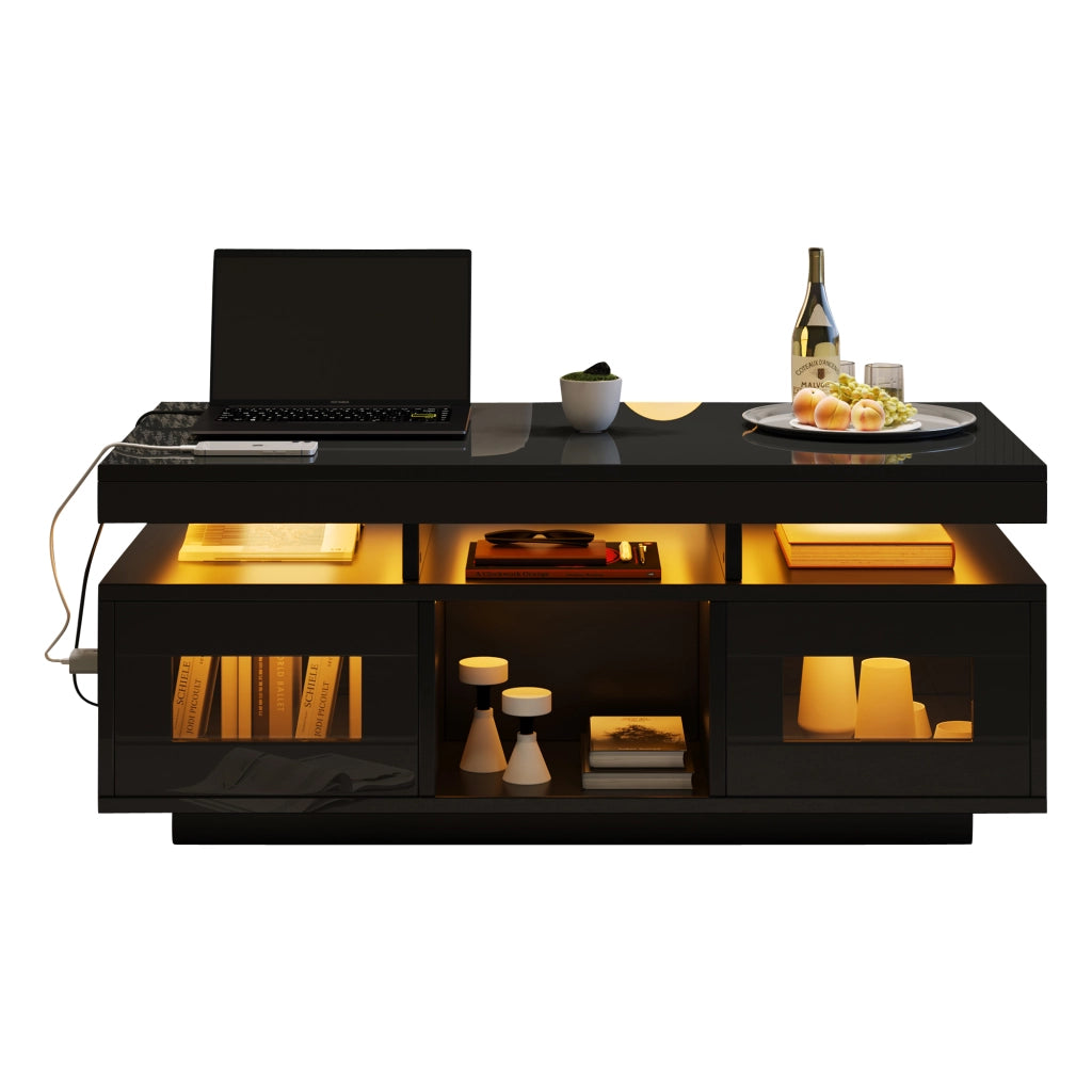 Tavolino da Caffè con 2 Ante e 2 Vani Semiaperti e LED; Presa + USB; Nero Lucido; in Pannello truciolare; 100×50×43 cm