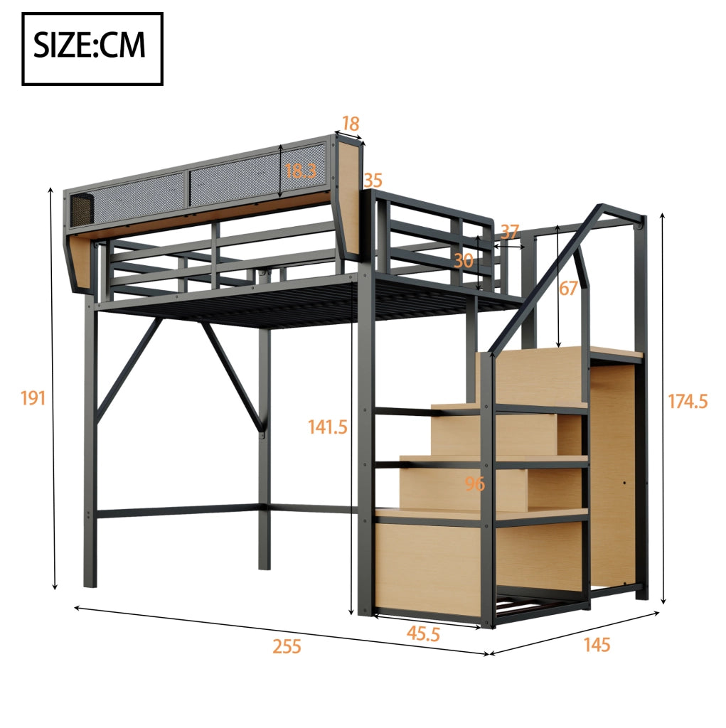 Letto a soppalco 140x200 cm in metallo e MDF con scala di sicurezza; nero