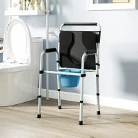 Sedia WC Pieghevole e Regolabile con Braccioli e Schienale, in Acciaio e Pelle PU, 52.5x46x81.5-97 cm, Nero