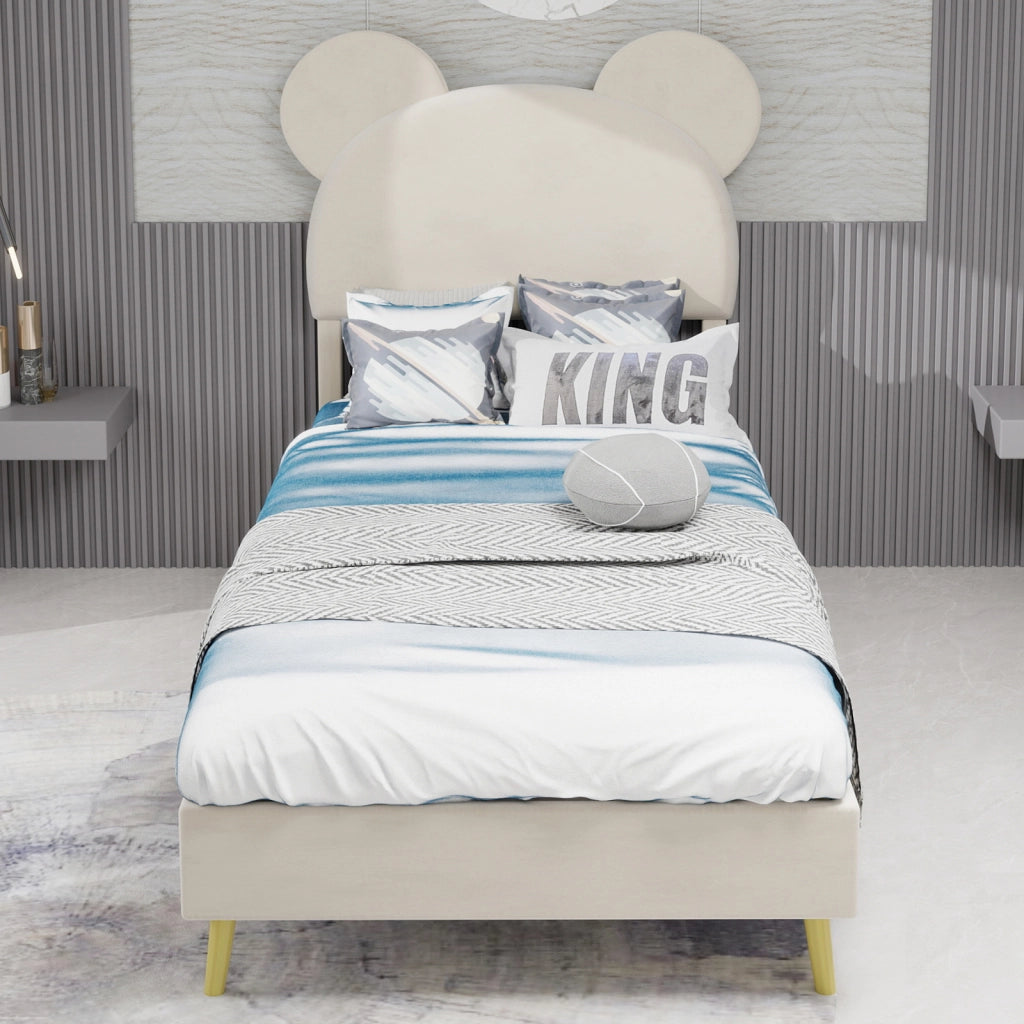 Letto Singolo 90x200 cm; Contenitore; Testiera Sagomata; in Tessuto e Metallo; Beige