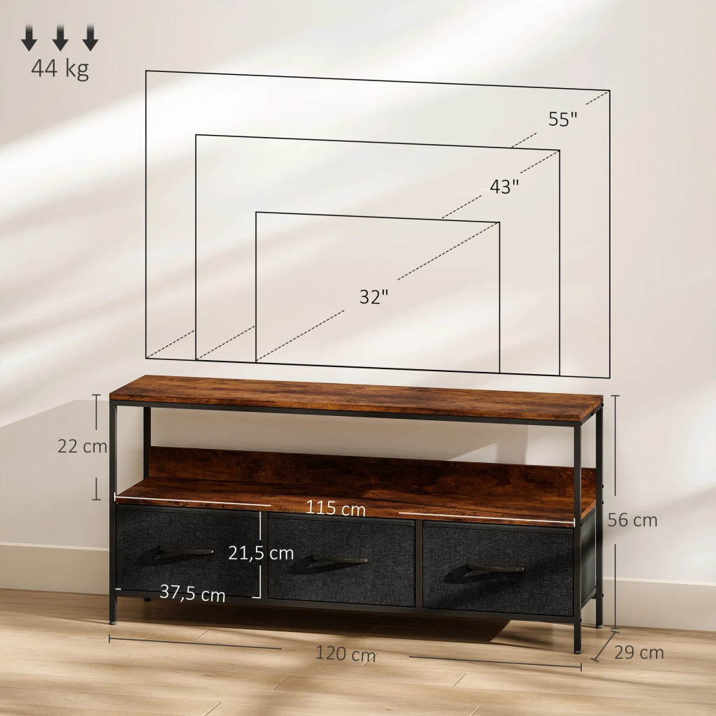 Mobile TV con 3 cassetti ¨C Xylo ¨C Legno marrone rustico e acciaio nero 120x29x56 cm