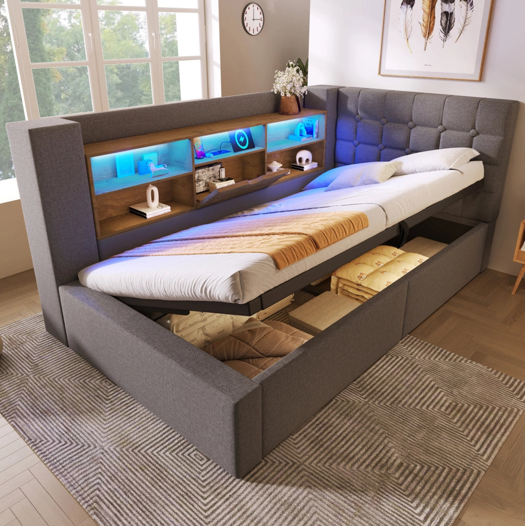 Letto singolo 90x200 cm con LED; contenitore idraulico e ricarica USB/Type-C; grigio