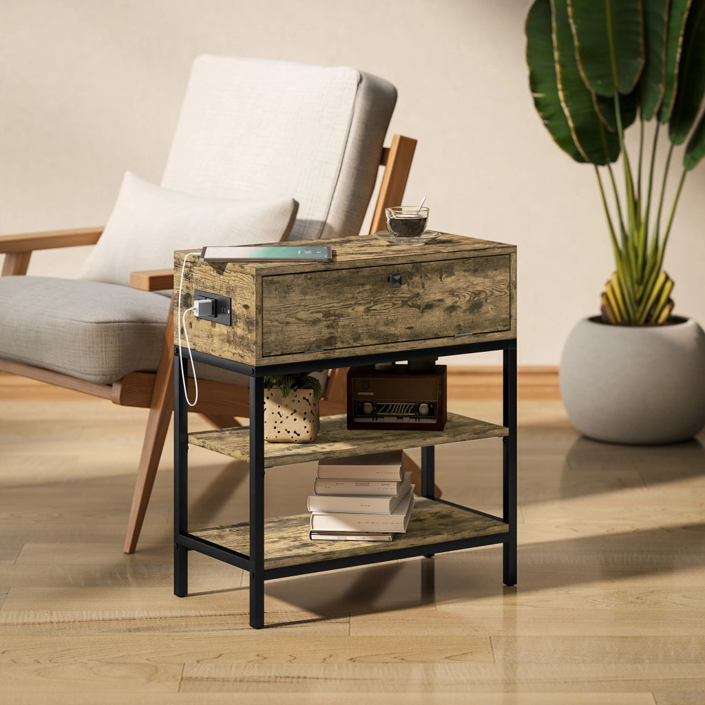Tavolino da Salotto con Cassetto, Ripiani e Prese USB ¨C Zephmum ¨C Marrone R¨²stico 60x30x66,5 cm