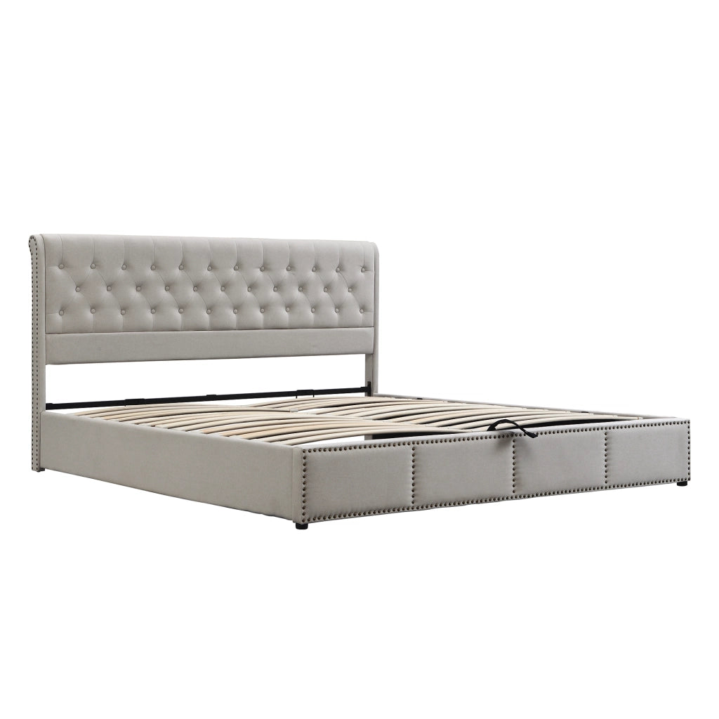 Letti contenitori 160x200 cm con contenitore; testiera alta; cotone-lino grigio (Senza materasso)