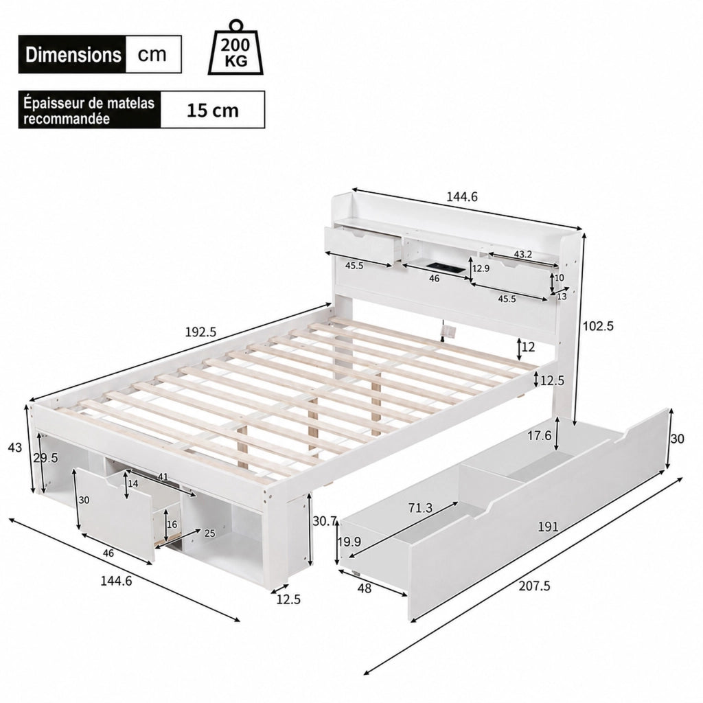 DESMIU Letto Matrimoniale 2 Posti con USB, Type-C, 2 Cassetti e Vani 140 × 190 cm senza Materasso Bianco