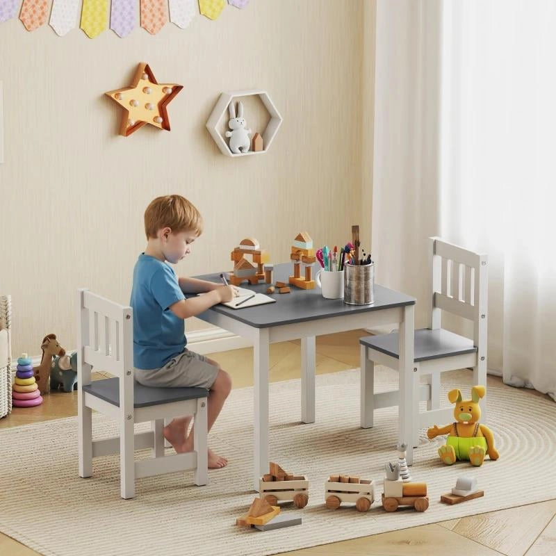 SET TAVOLO E SEDIE PER BAMBINI DA 3-8 ANNI 3 PZ IN LEGNO CON BORDI ARROTONDATI, GRIGIO E BIANCO