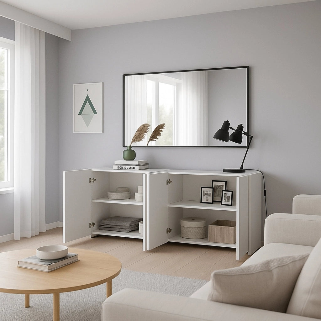 Credenza Amacord, Buffet da soggiorno, Madia da salotto, Dispensa da cucina, Made in Italy, 180x38h79 cm, Bianco lucido