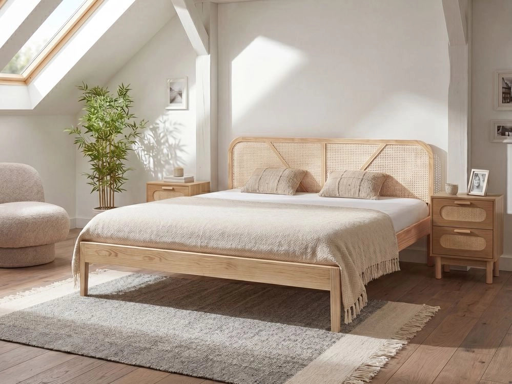 Letto matrimoniale con struttura in legno di pino e testiera in rattan marrone chiaro 180x200 cm in stile retrò