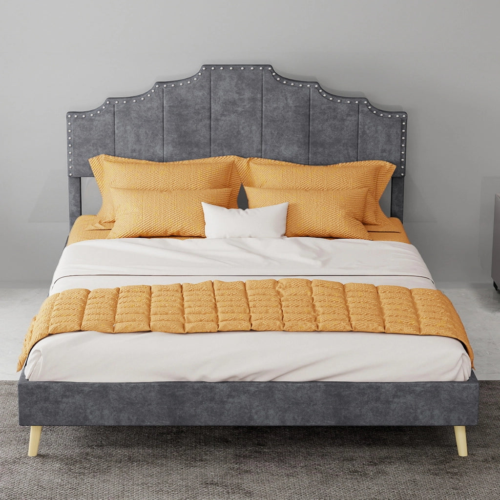 Letto 140 × 200 cm con testiera imbottita in tessuto e struttura in metallo grigio