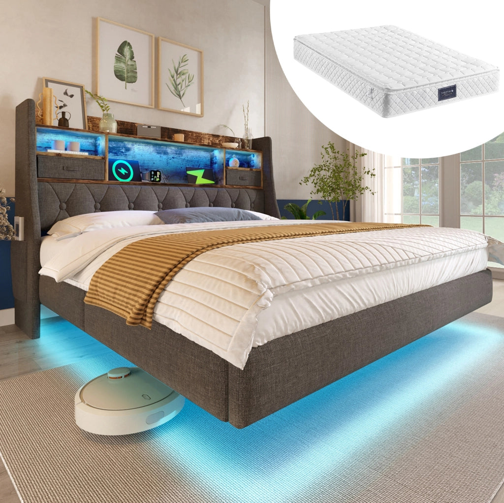 Letto imbottito 160x200 cm con LED, testiera contenitore, porte USB e Tipo-C, tessuto lino grigio
