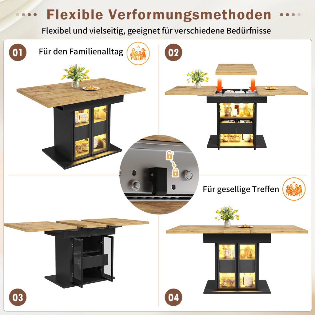 Tavolo da pranzo allungabile con 2 cassetti ripiani regolabili ante in vetro e LED RGB per cucina e sala da pranzo nero