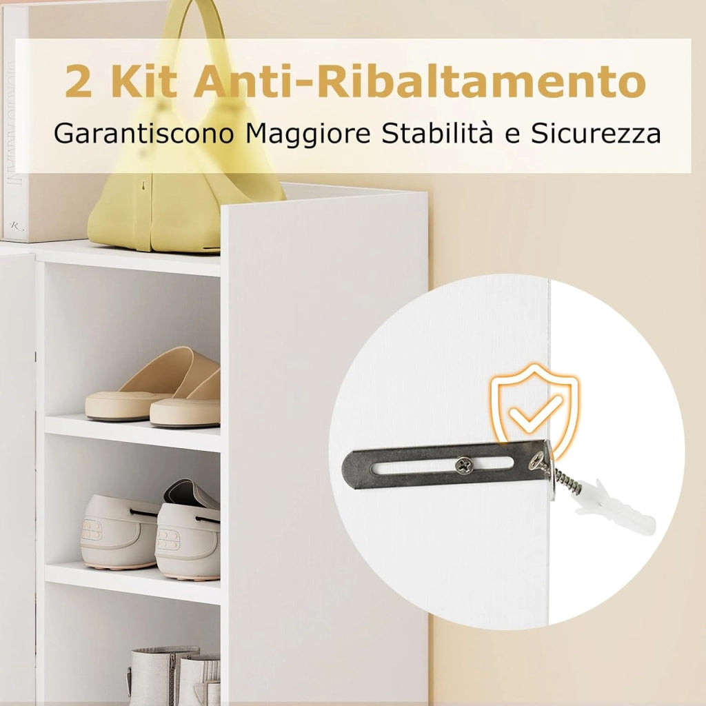 Armadio Porta Scarpe, Scarpiera con Ripiani Regolabili a 3 Posizioni, Mobiletto Multifunzionale a 2 Ante con 5 Scomparti Aperti, per Ingresso, Corridoio, Soggiorno, 83 x 31 x 91 cm (Bianco)