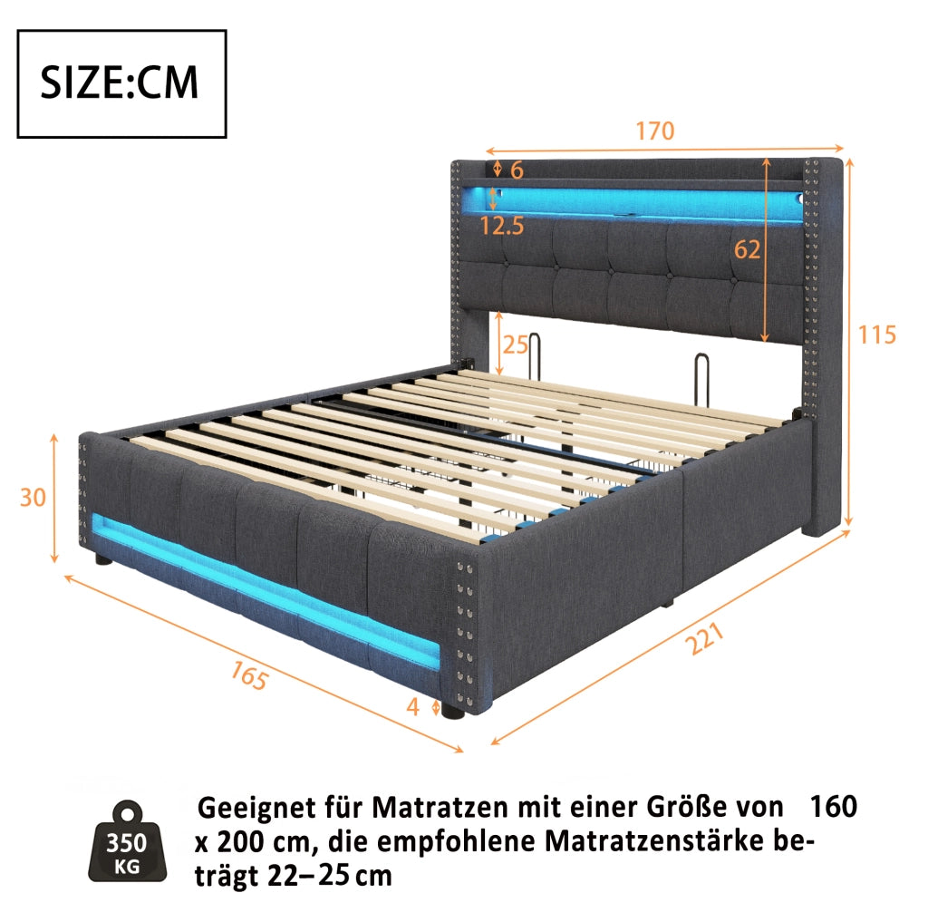Letto matrimoniale imbottito 160x200 cm con LED, USB, cassetti e rivestimento grigio