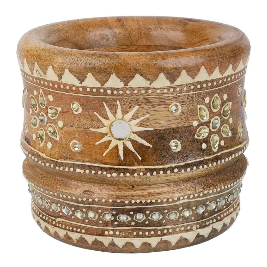 Mortaio in legno dipinto a mano color marrone 14x14x24h cm