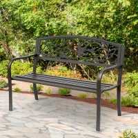 Panchina da giardino Impermeabile Acciaio e Ghisa per Esterni, Schienale con Decorazioni Motivo Naturale, 127x60cm, Marrone