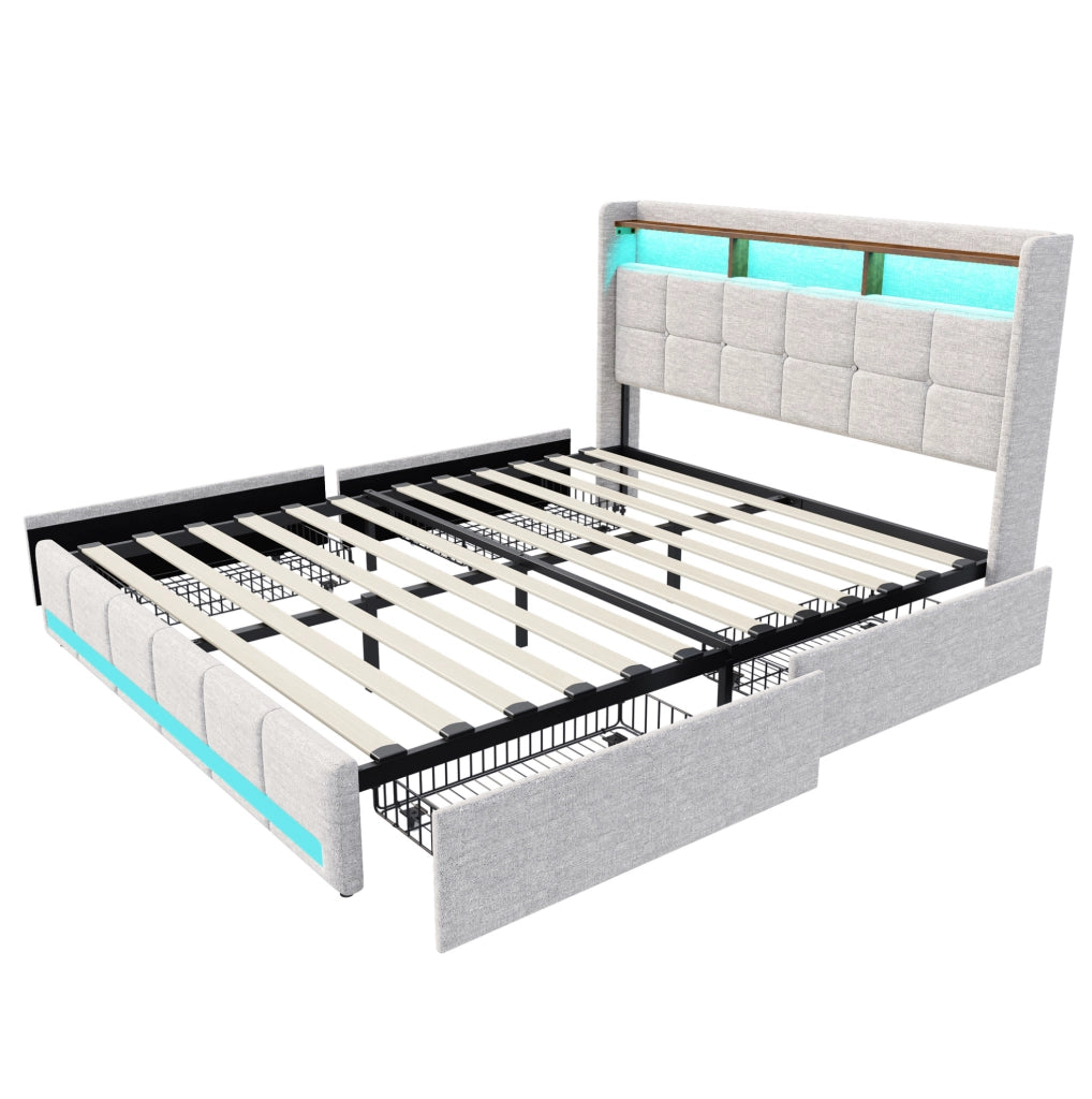 Letto con contenitori estraibili laterali e LED; legno massello e MDF; beige