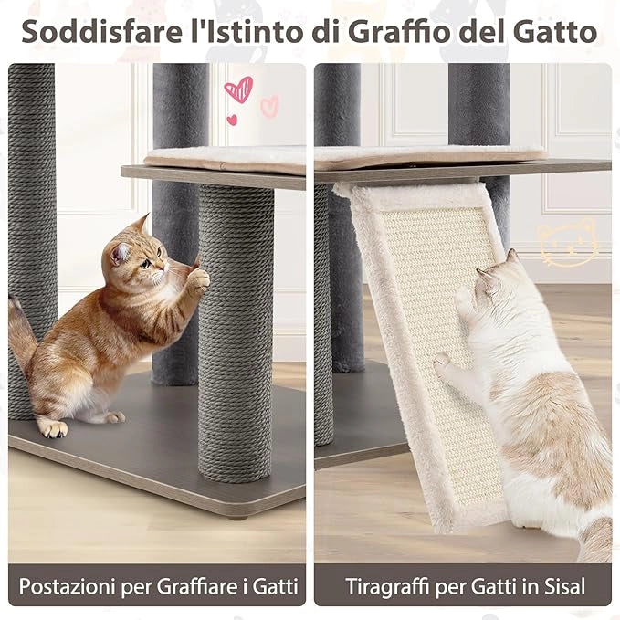 Albero per Gatti a 6 Livelli, Torre per Gatti Alta 171 cm con Cuscino, Condominio, Tappetini Staccabili e Pannello in Sisal, Albero Tiragraffi in Legno con Palla Pompom Appesa