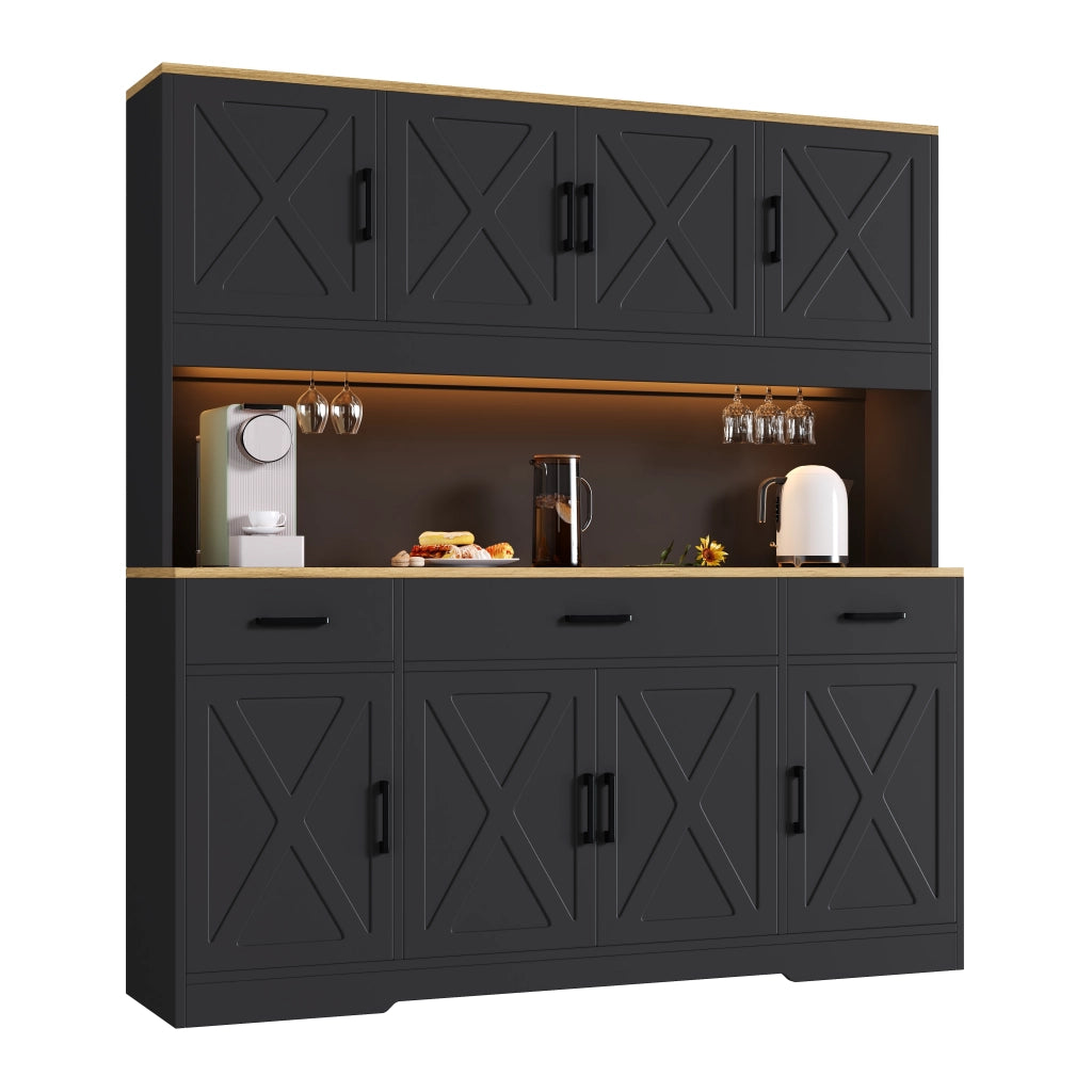 Credenza alta 150x40x180 cm con vani; 2 portabicchieri; presa; USB-A; USB-C e LED multicolore; nero e rovere