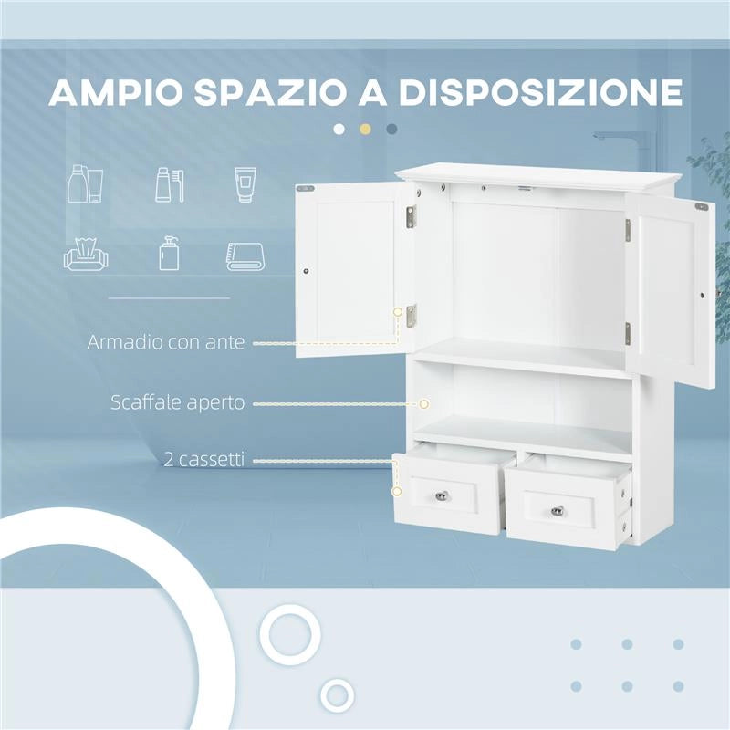 ARMADIETTO PENSILE BAGNO A 2 ANTE CON RIPIANO APERTO E 2 CASSETTI IN LEGNO BIANCO