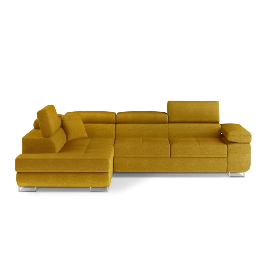 Divano angolare trasformabile MENTON giallo bouclé – Angolo sinistro con baule