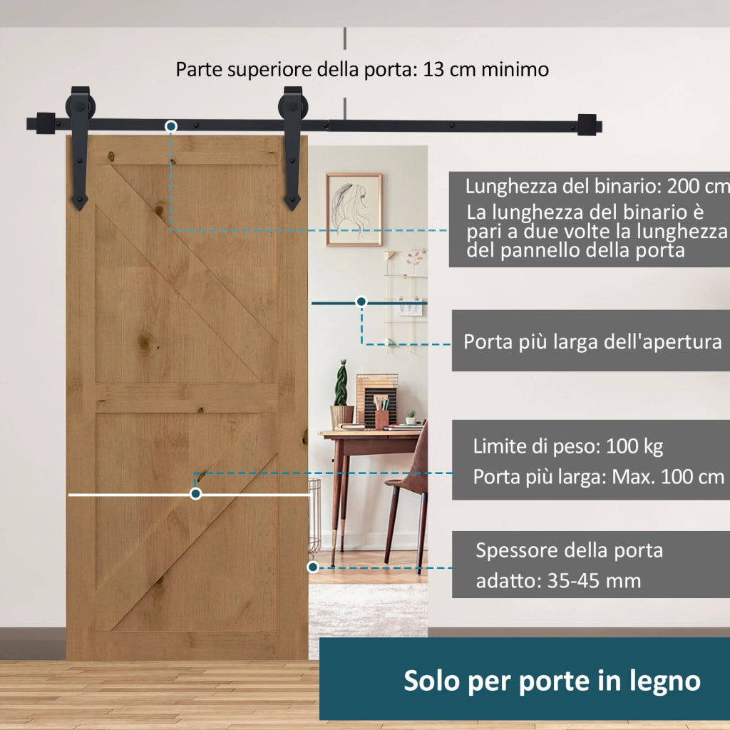 Porta Scorrevole Rustica con Binario e Rotelle ¨C Zephmum ¨C Nero 200cm