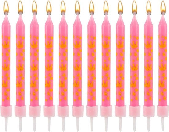 Taartkaarsen 12 pezzi tema prinsesse rosa, inclusi motivi di corona dorata - decorazioni per cupcake per festa di compleanno ragazze e baby shower - 9,5 cm