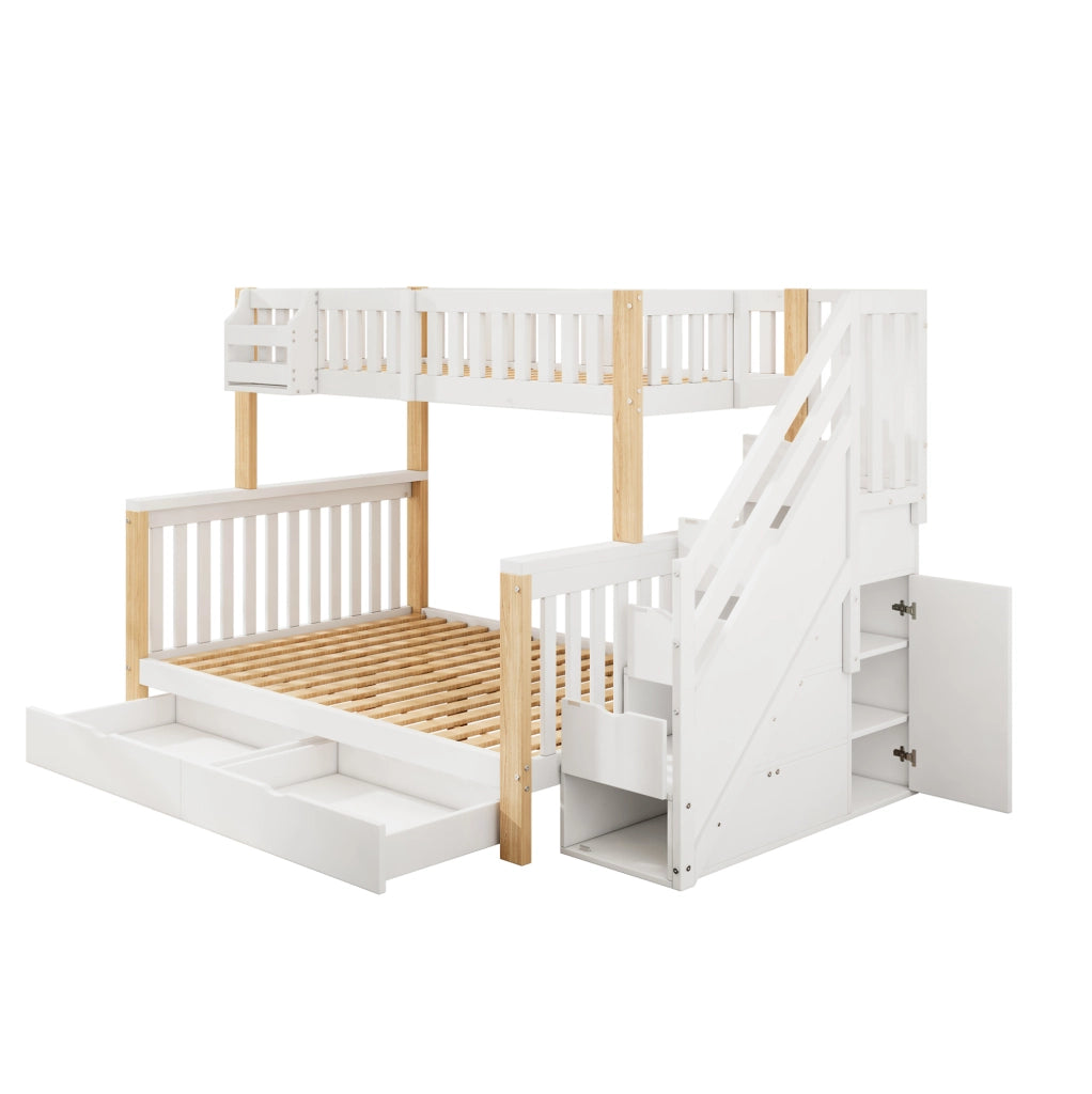 Letto a castello per bambini 90x200 e 140x200 cm con scale contenitore; bianco naturale