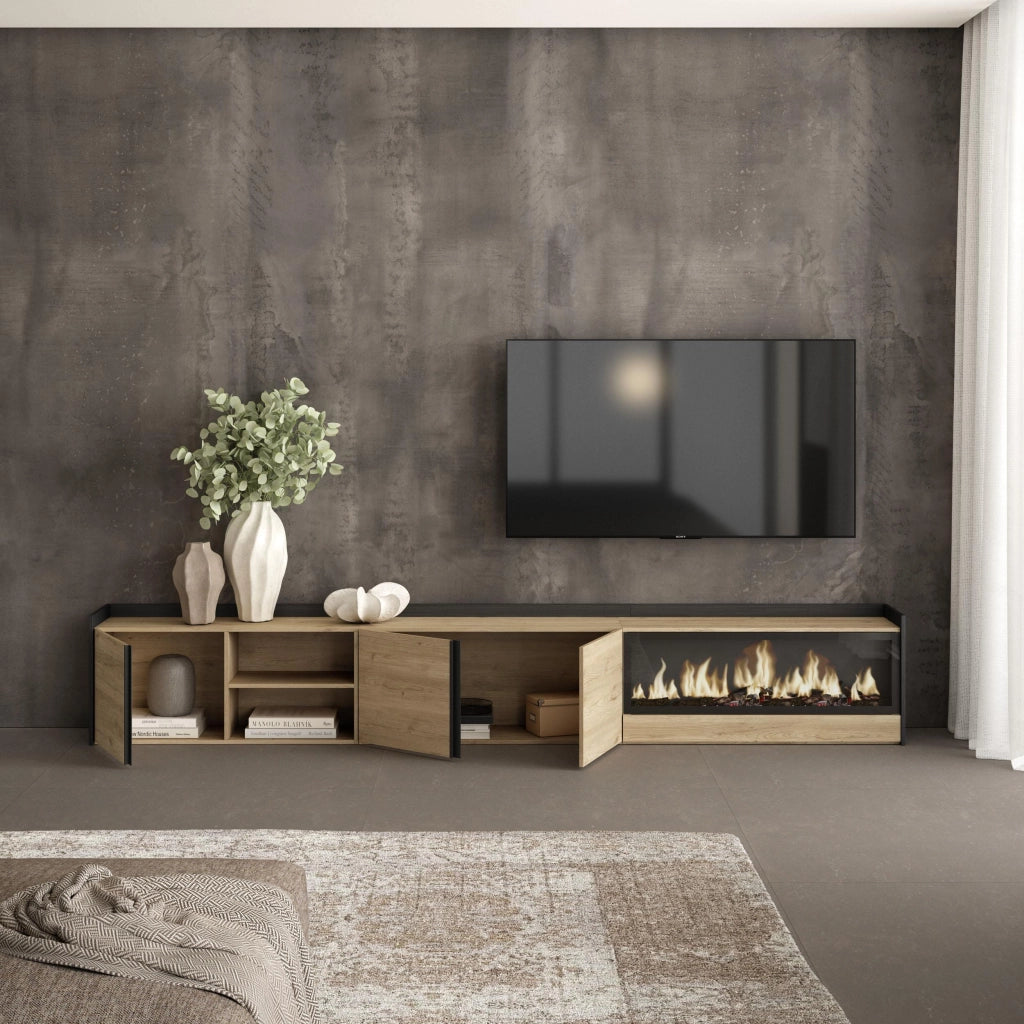 Mobile TV Soggiorno, 315x50x35 cm, Per TV fino a 80", Camino elettrico XXL, Rovere e nero
