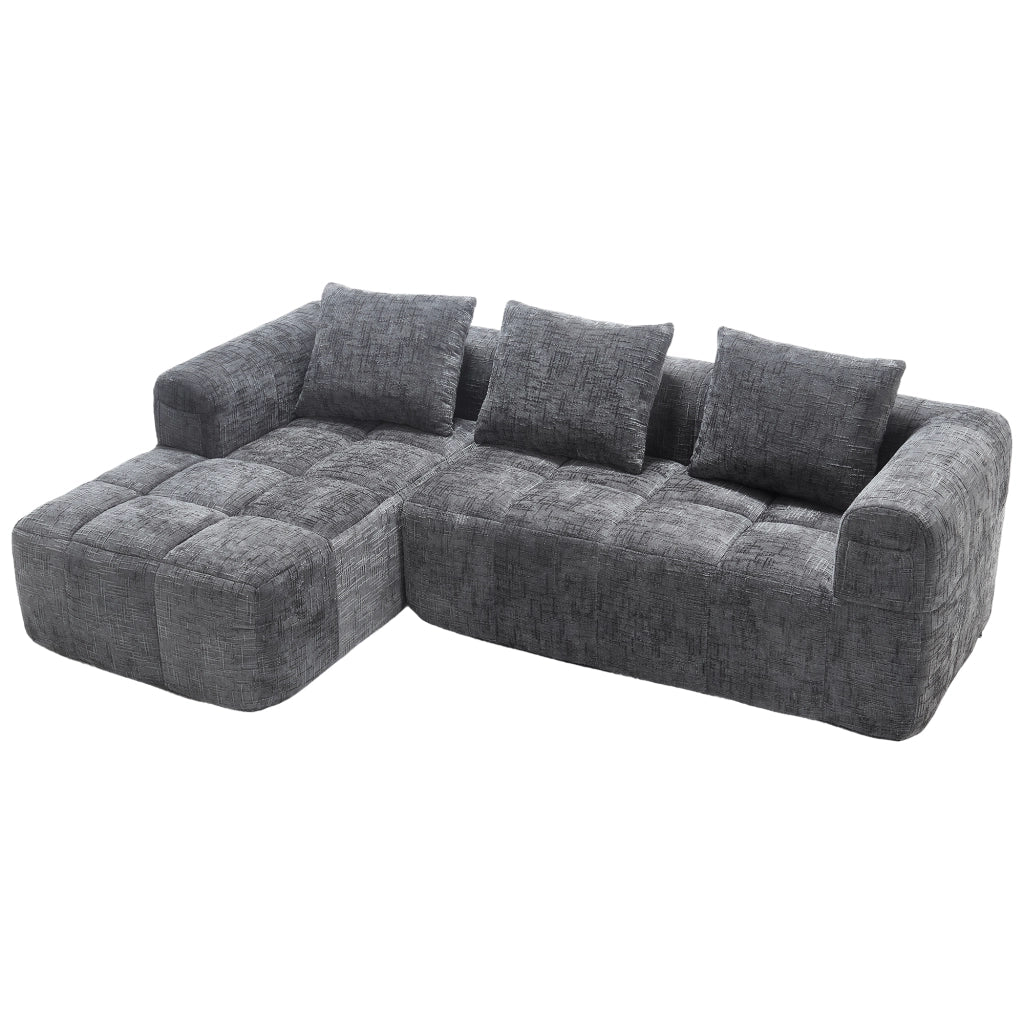 OKWISH Divano Angolare 3 Posti Modulare, con Chaise Longue, Tasche Laterali e 3 Cuscini, Ciniglia, Grigio