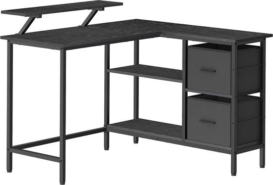 Scrivania a L, 2 ampie ripiani, scrivania per computer con supporto per monitor, scrivania angolare, scrivania da gaming con tavolo regolabile, 115 x 105 cm, ebano, nero