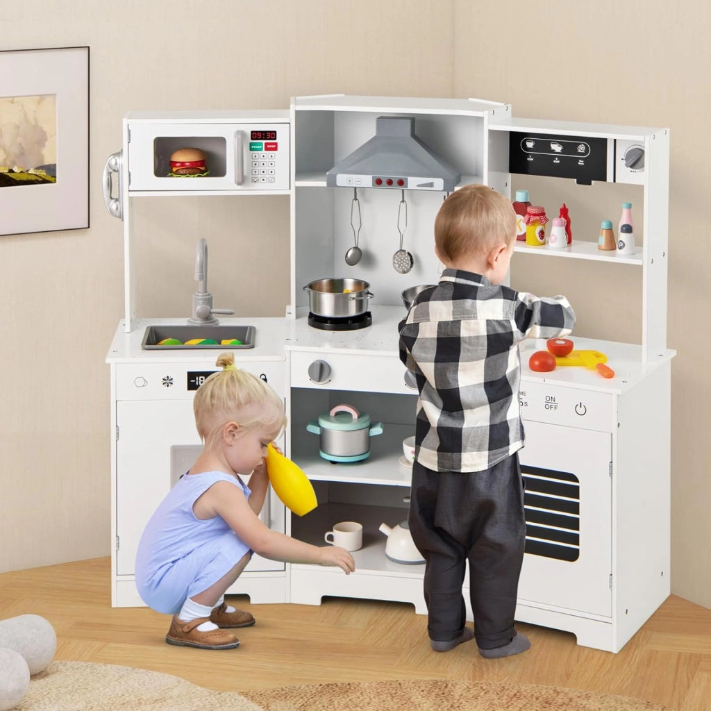 Cucina Giocattolo per Bambini, Cucina Legno per Bambini Con Forno, Microonde, Macchina del Ghiaccio, Macchina per Caffè, Lavello e Rubinetto, Con Suoni e Luci, per Bambini 3+ Anni (Bianco)