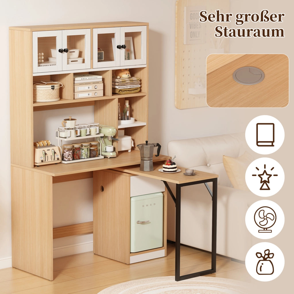Scrivania lineare con libreria alta, ante in acrilico, cassetti e vani aperti, per studio e ufficio, 180 cm