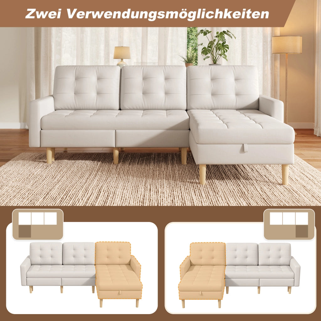 Divano angolare con chaise longue reversibile e doppio spazio contenitore per soggiorno moderno in tessuto beige