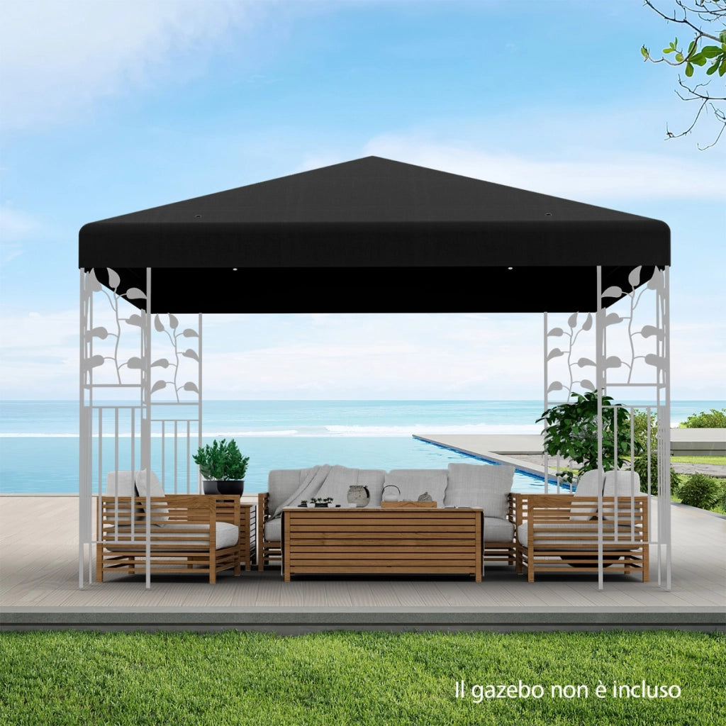 Telo tetto ricambio per gazebo da sole 3x3m con gancio e chiusura a strappo, Tessuto copertura superiore per gazebo Nero-Gazebo