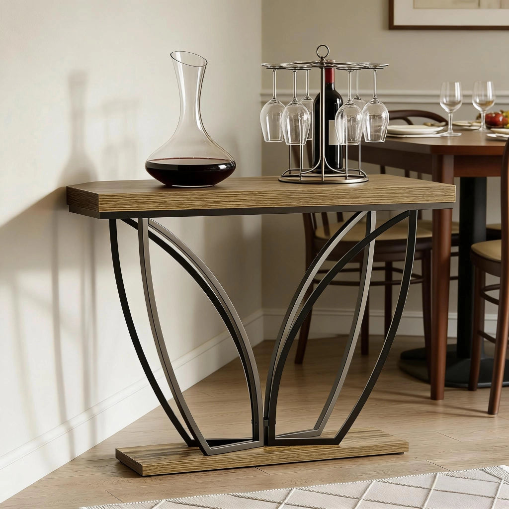 Consolle industriale da ingresso con struttura in metallo e piano in legno nero marrone rustico 105 × 30 cm